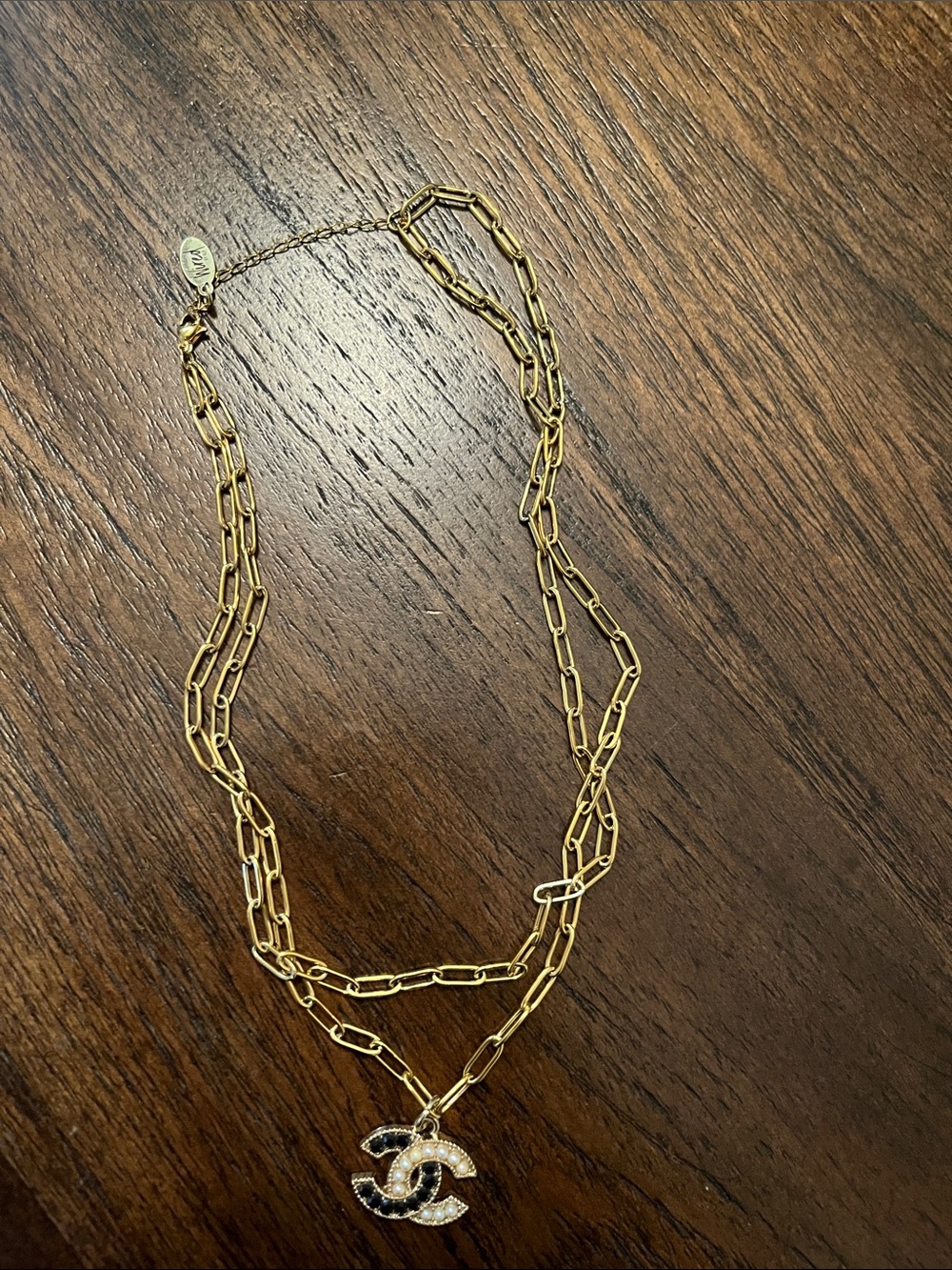 Gold-Tone Double Chain Necklace with Chanel Pendant